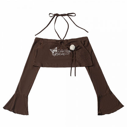 Brown Flare-Sleeve Cropped Top with Butterfly Print & Rose - PINK SAVIOR