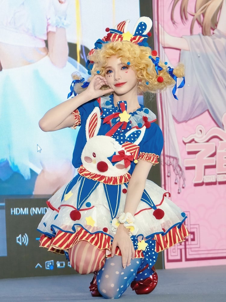 Lolita und Zirkus Pastell Clown Mieder Overalls Rotes Kleid Blau Dunkel Clowncore Bunny Fleece Süß