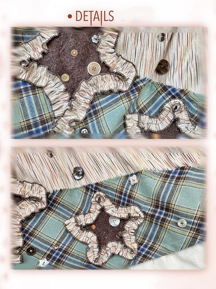 Bohemian Midi Skirt: Patchwork Green with Beige Kei Plaid Vintage Appliques Star Mori