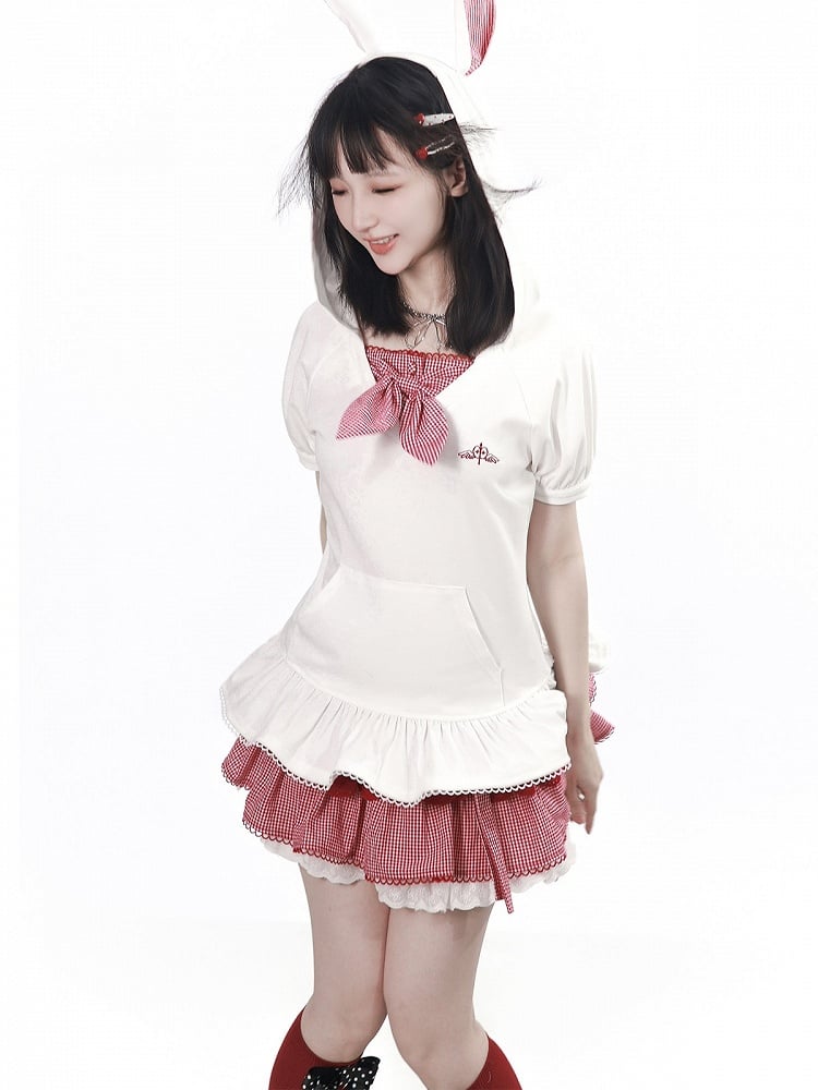 White Red Gingham Bunny Ear Hooded Short Sleeve Peplum Top - PINK SAVIOR