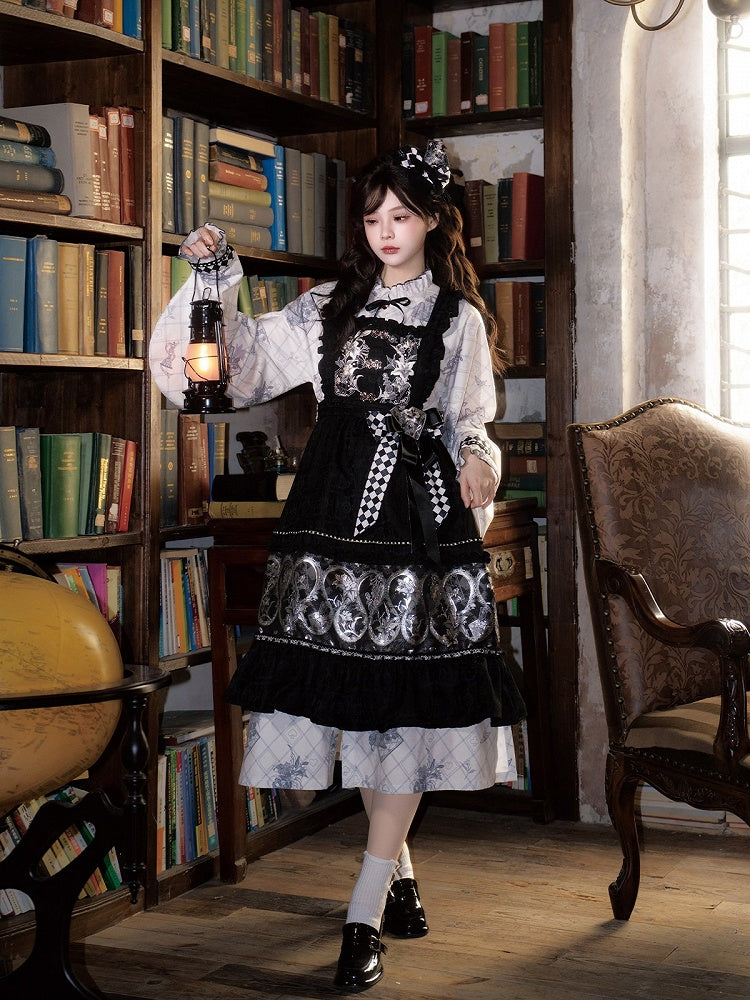 White Chess Theme Print Long Sleeve Dress Checkered Detail - Luo Xiu Dong Xiang