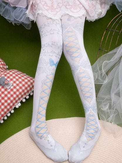 バタフライプリントのクリスクロスバンドタイツとアシンメトリーのピンク/ブルー/ブラック/イエロー/レッド