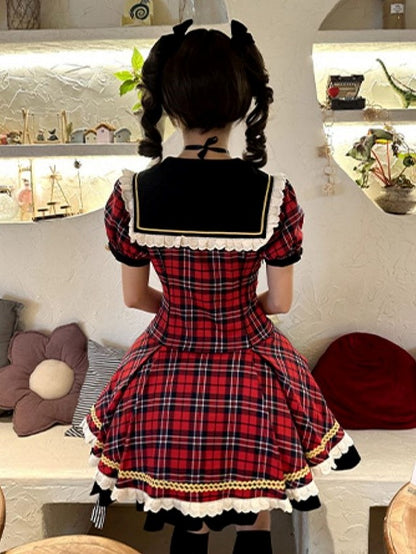Trim Lace Black Red Sweet Plaid Lolita Dress with Patch Puppy and