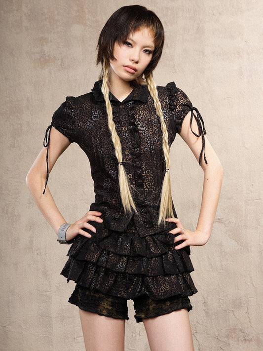 Puff Gyaru with Print Fashion Sleeves Y2K Sleeve Ruffle Top Punk Short Black Trim Leopard