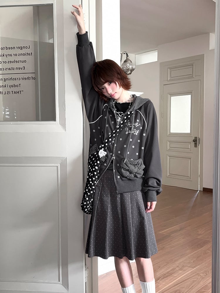 Jacket Dot Raglan Black Gray Bow Polka Hoodie with Decorative / Sleeve