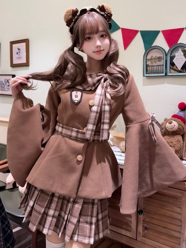 チェック柄リボンアクセント付きコーヒープレッピースタイルベルスリーブジャケット + チェック柄プリーツスカートセット