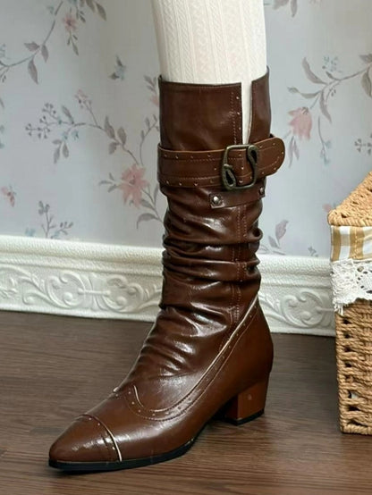 Boots Brown Stacked - Slip-On Design Clasps Mid-heel 4cm Shaft with Collapsible Ornate Light