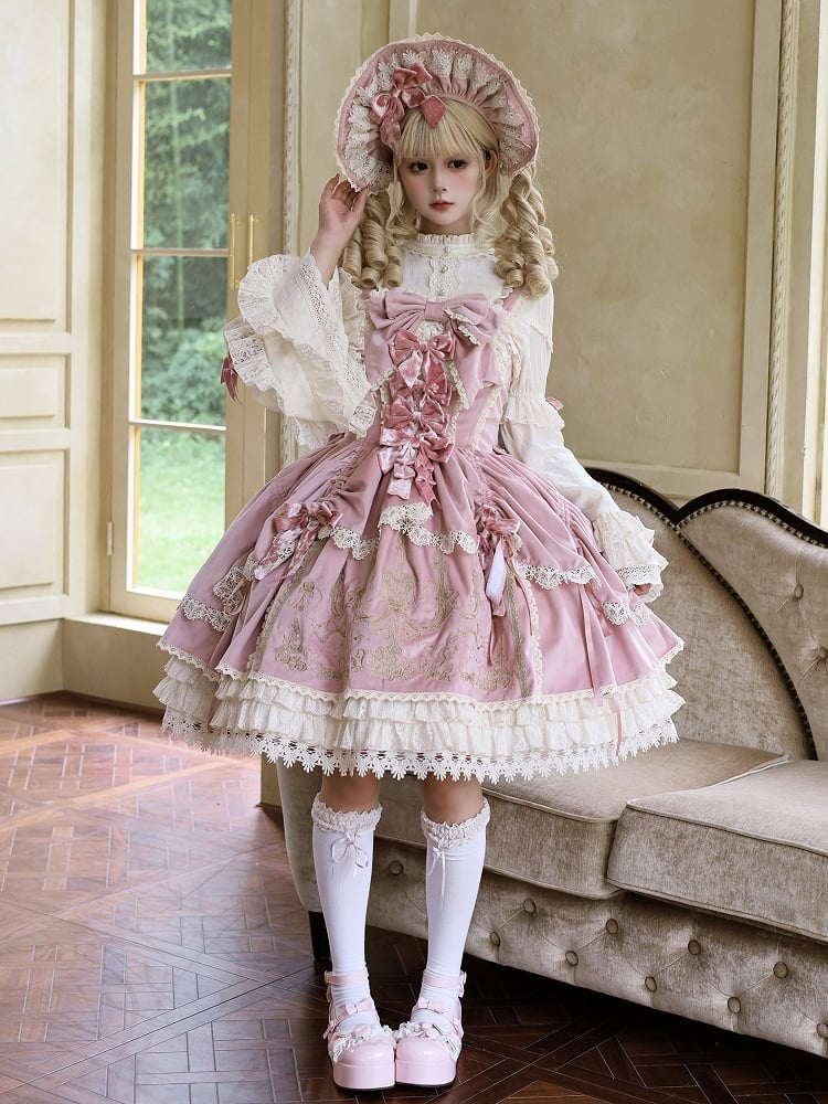 Lolita Kerzendekoration Kleid Schleifen JSK Samt Stickerei / Rosa