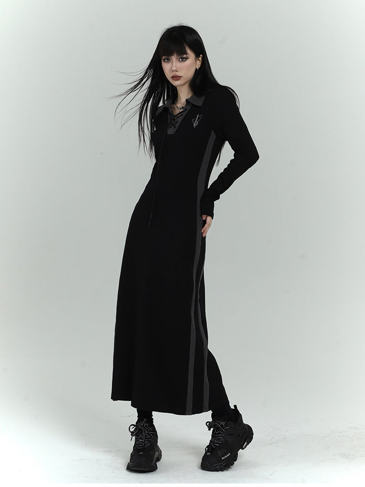 Gothic Black Dress with Lace-up Detail at Front