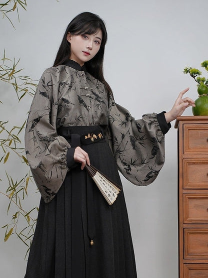 Banded Unisex with Blouse Sleeves Bamboo Pipa Grey Print Style Chinese Collar -
