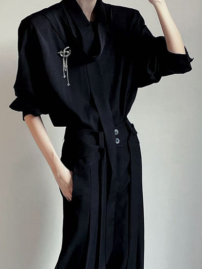 Dropped Sleeves Chiffon Delicate Shoulder and with Shirt Brooch Black