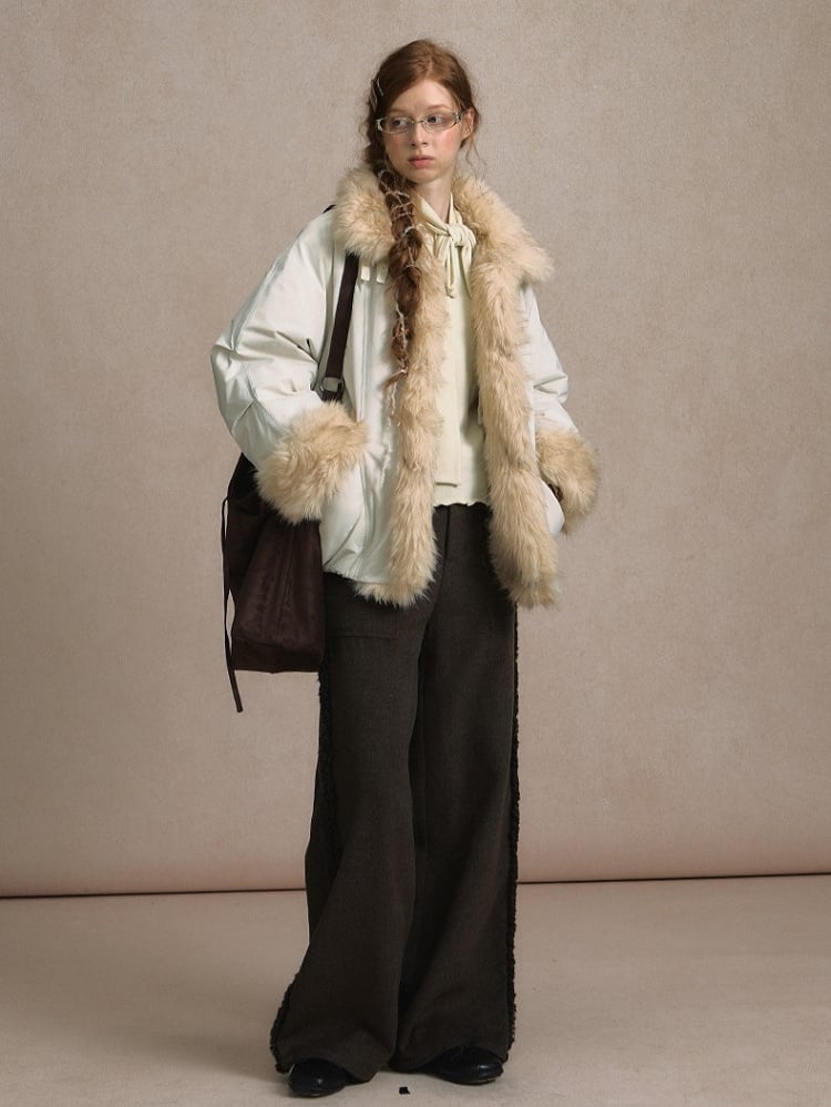 Light Gray/Brown Puffer Jacket with Buckle Strap and Plush Trim