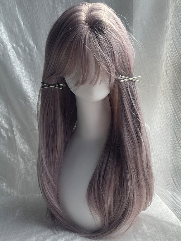 Staubiges Lila, glatte Kunsthaarperücke in Unterbrustlänge mit Pony