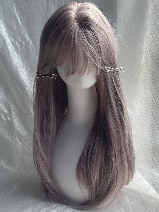 Staubiges Lila, glatte Kunsthaarperücke in Unterbrustlänge mit Pony