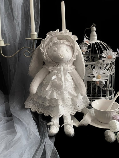White Rosette and Bowknot Embroidery Dress + Bunny Ears Hat