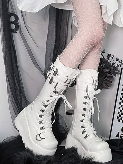 Boots Gothic Buckle Platform PU Accents - White Knee-High