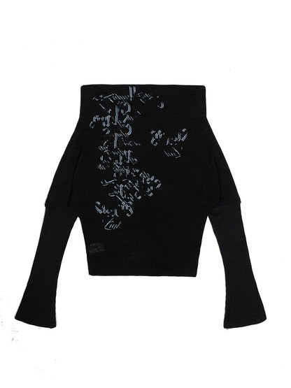 Vintage Print Totem Knit Off-Shoulder Punk Black Top Loose Fit