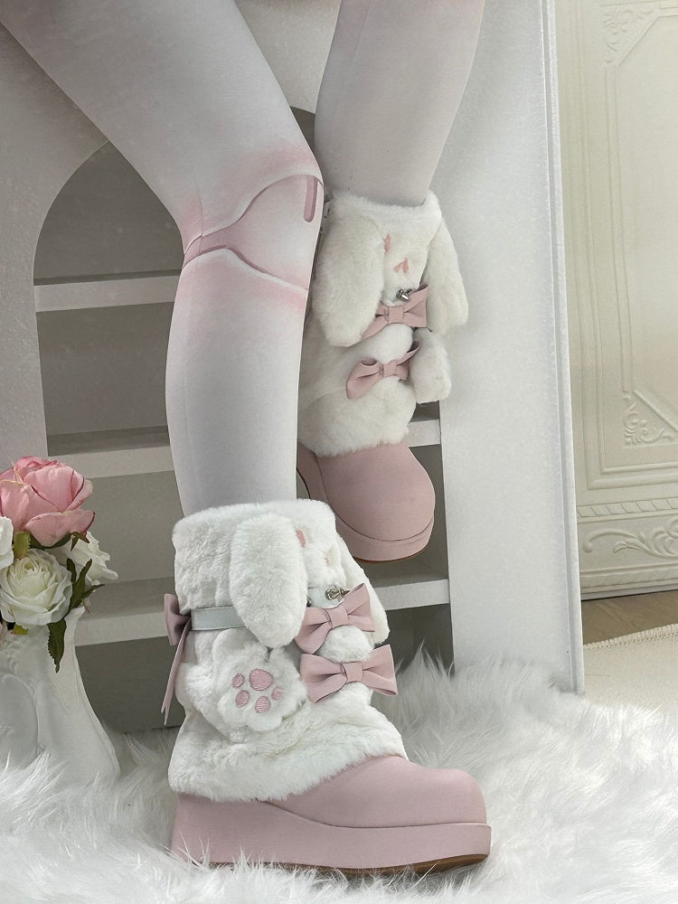 Winter Studded Edgy Ear Bunny Boots Regular Platform Sweet / Version Pink Fleece-Lined