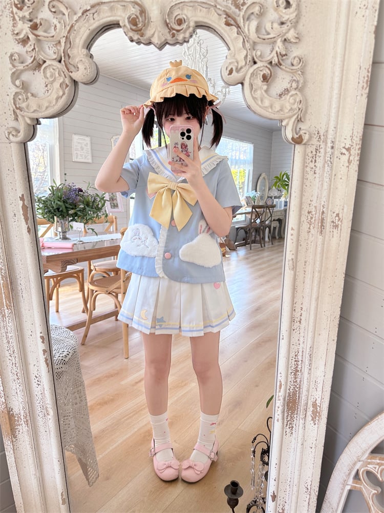 Sailor Bunny Collar Design Light Blue Cloud T-shirt Pockets and