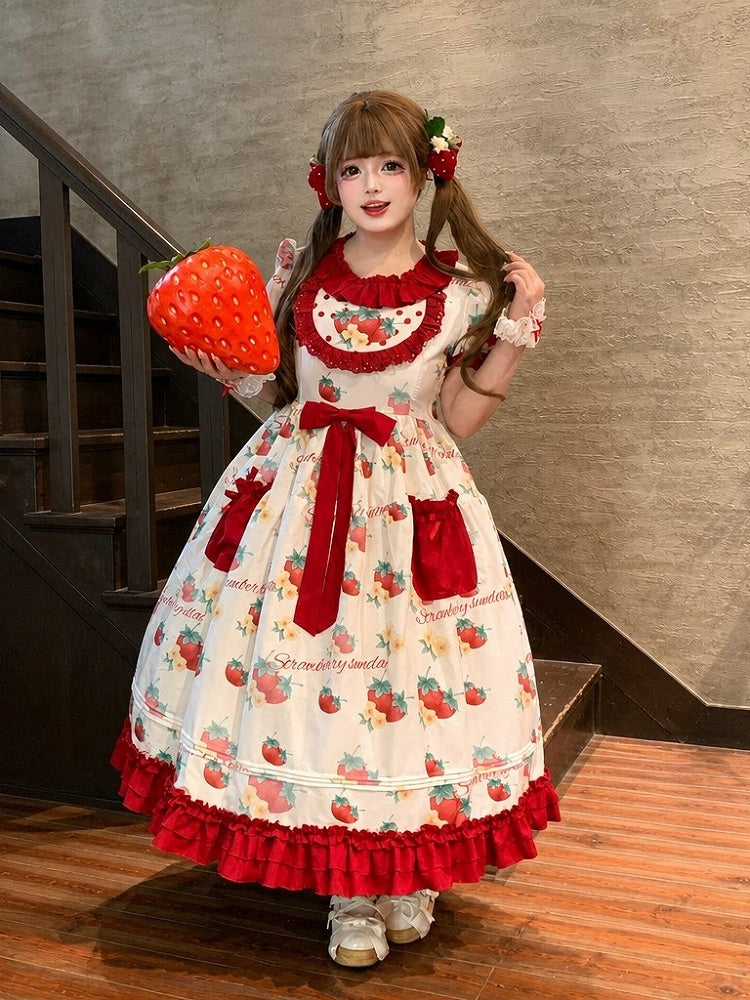 Curvy Strawberry Print Bow-Adorned Floral Skirt Dress - Versatile girl