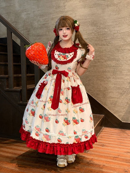 Curvy Strawberry Print Bow-Adorned Floral Skirt Dress - Versatile girl