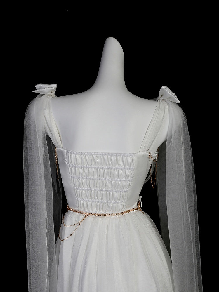 White Greek-inspired Lolita Flowing Bow Shoulders Maxi Dress with Gold Chains - Xiong Dou Jiang