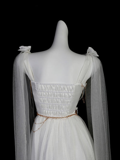White Greek-inspired Lolita Flowing Bow Shoulders Maxi Dress with Gold Chains - Xiong Dou Jiang