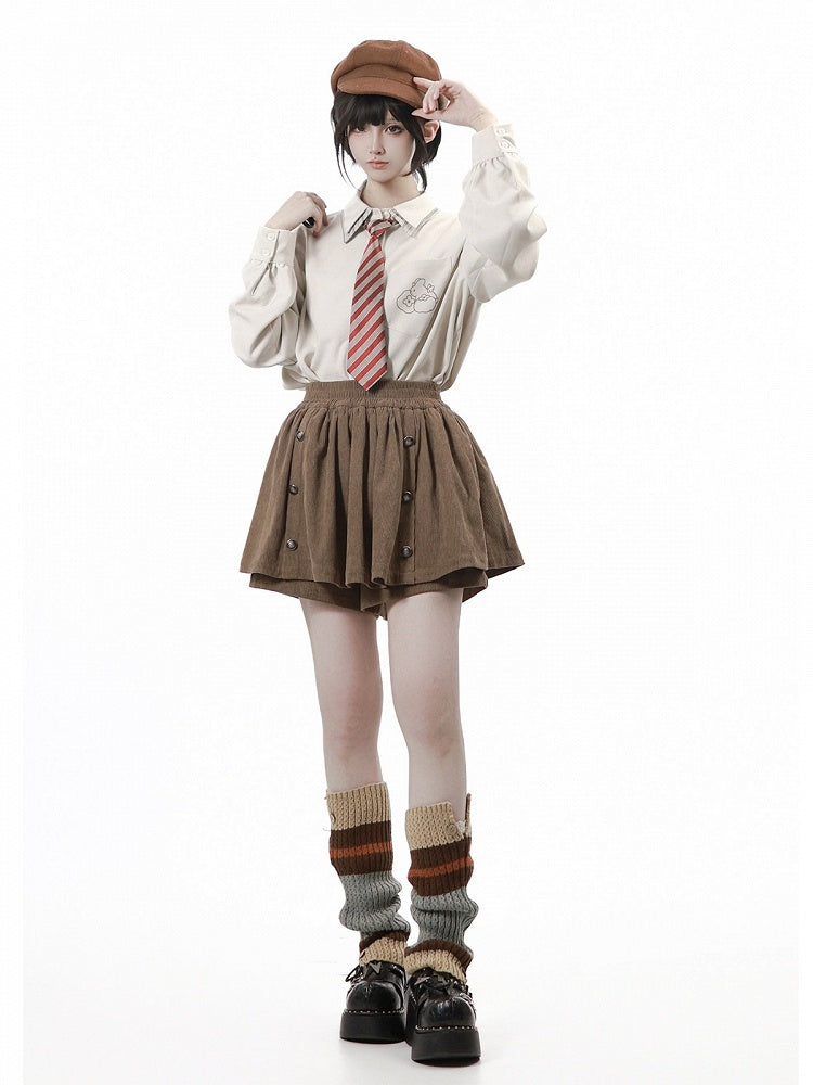 Apricot Double-Collar Long Sleeve Blouse with Striped Tie - PINK SAVIOR