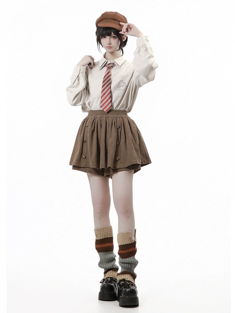 Fall Kawaii Brown Corduroy Skirt with Button Accents - PINK SAVIOR