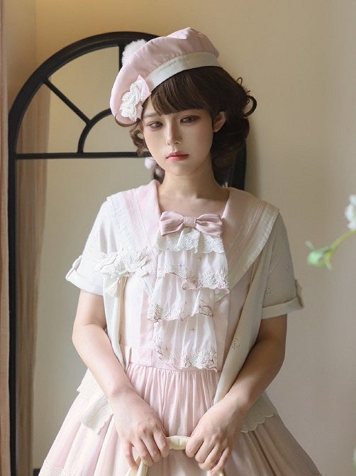 Sailor and Dove Embroidery Beret Pom-Pom Pink/Blue/Green with Fluffy White Lolita