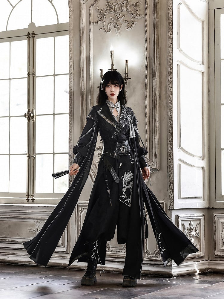 Black Lace-Up Long Trousers with Chinese Aesthetic - Unknown Star
