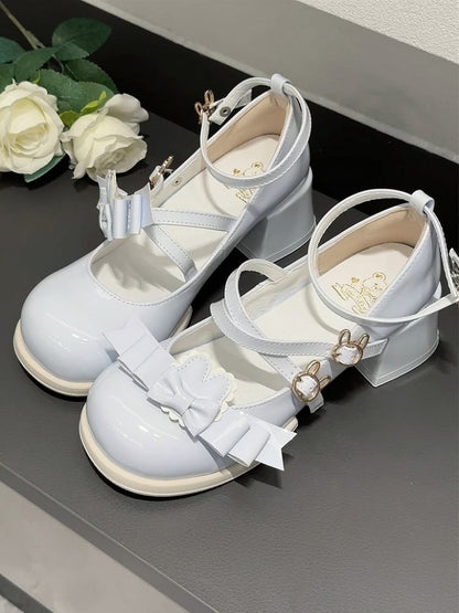 Detachable Bunny Snap Mary Design with Sweet PU Blue Crisscross Janes Bow - Lolita Themed