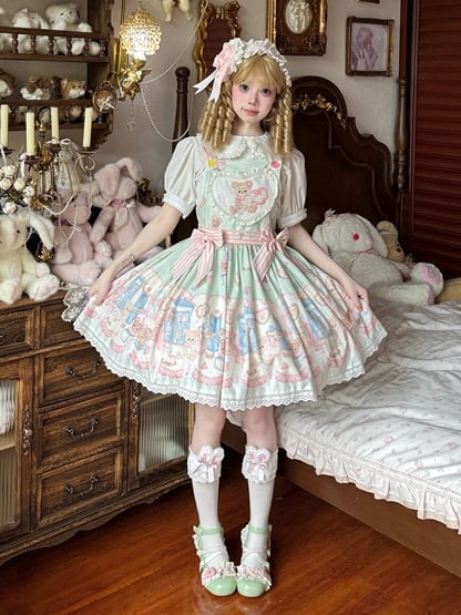Kleid Grün Teddy Spielzeug Overall Süß und Plüsch Print Lolita Bunny