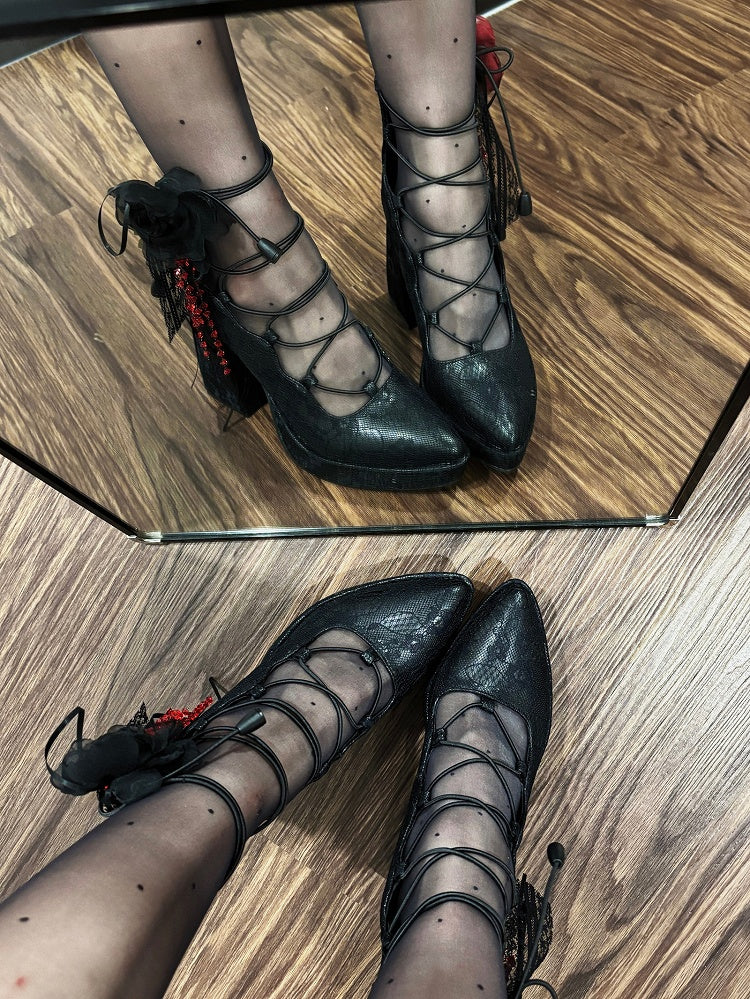 Black/Red - Punk Gothic High Heels Clips Block Black Flower