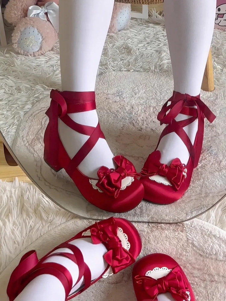 Sweet Red Lolita Low-heel Mary Jane Shoes in Satin with Lace-up at Ankle, Detachable Ankle Strap & Heart Fastener