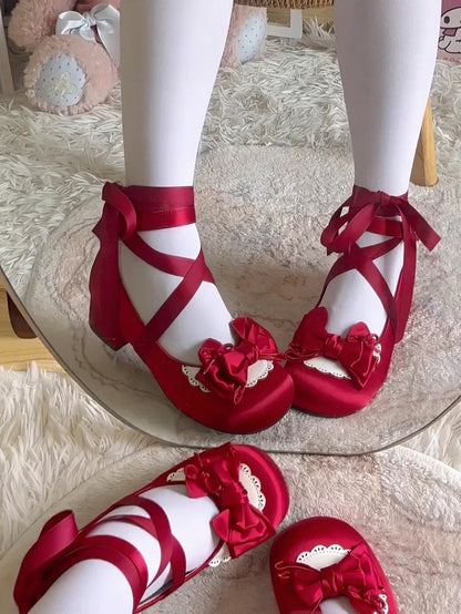 Sweet Red Lolita Low-heel Mary Jane Shoes in Satin with Lace-up at Ankle, Detachable Ankle Strap & Heart Fastener