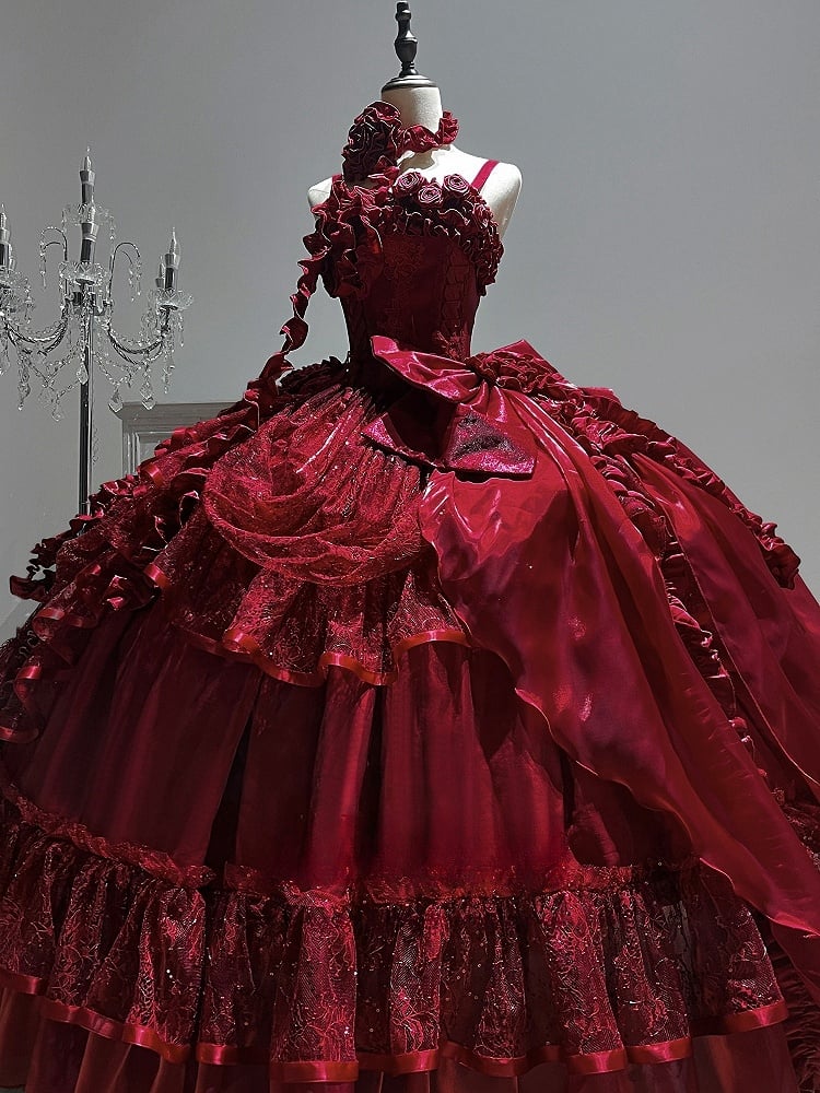 Hanayome Taillenstäbchen Bodenkorsett Länge Kleid Hime Kleid Rot Ball Lolita