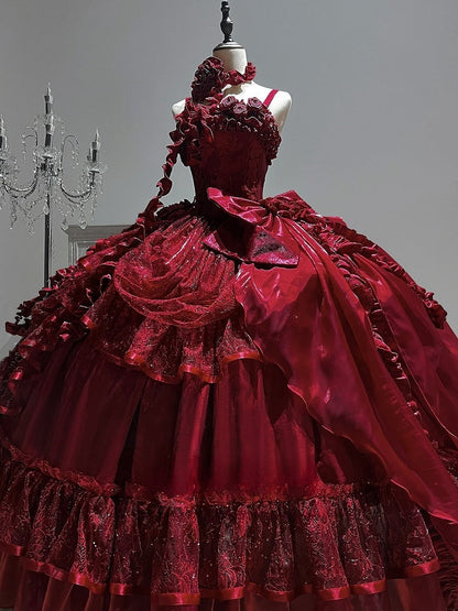 Hanayome Taillenstäbchen Bodenkorsett Länge Kleid Hime Kleid Rot Ball Lolita