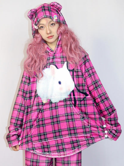 Pattern Hoodie Plaid Oversized Rose Fashion Bunny Red Print Gyaru