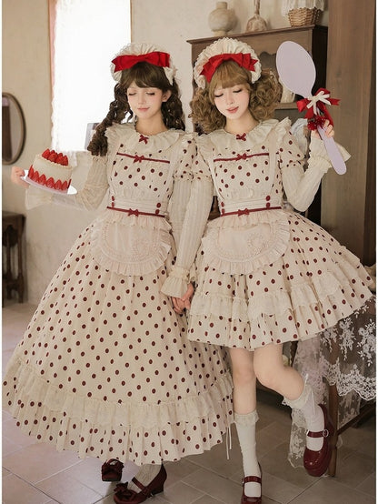 Long Beige and Red Polka Dot Puff-Sleeve Faux Layered Lolita OP Set with Apron - With PUJI