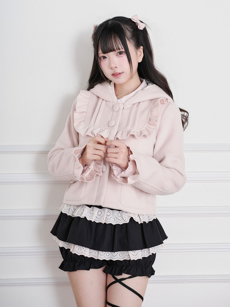 Ruffle-Trimmed Short Hooded Jacket in Pink Ryousangata Wool Blend - No Genki