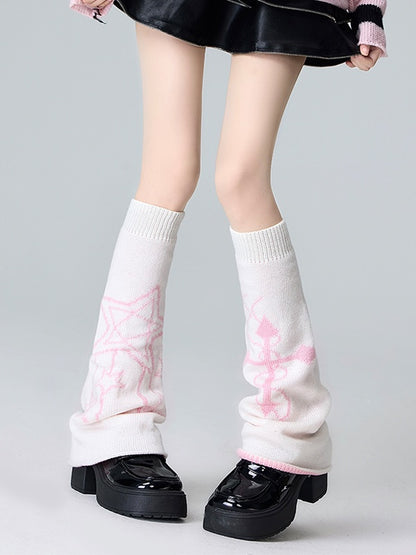 Black/White/Pink&White Cross Pattern Knitted Leg Warmers