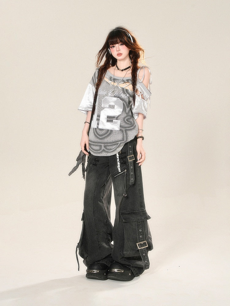 Cargo Pockets Black Distressed Holes Buckle Wide-Leg Jeans Straps