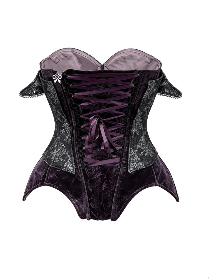 Dark Gray & Purple Chain Jacquard Velvet Boned Corset with Built-In Cups - Blood Supply