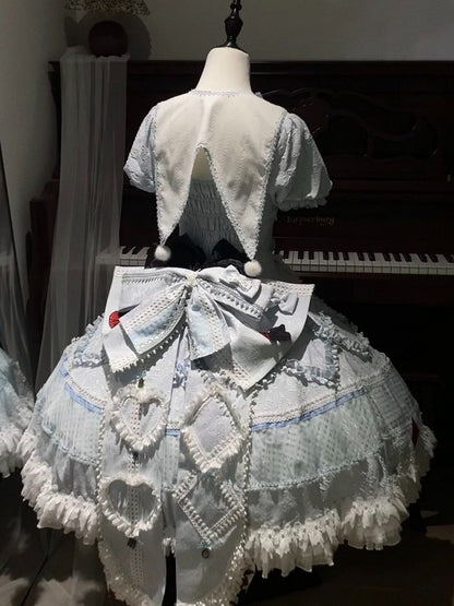Blue-White Heart-Print OP Dress with Ruffle Lace Accents - Starry Mist Rose