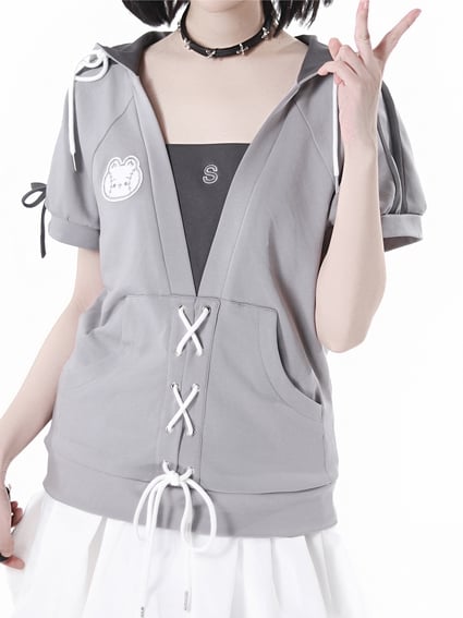 Grey Faux Two-pieces Hooded T-Shirt Lace-up Detail