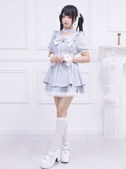 Kleidrock mit seitlicher Schnürung, Mini-Light-Kei-Style-Jirai-Schulter, passender Ausschnitt und graues Detailset: