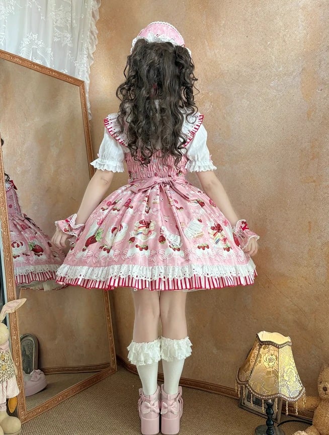 Schleifen süßer Rock und Dessert Lolita Pullover Print Erdbeerrosa