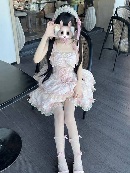 Lolita Lace Jacquard JSK Dress Bow Doll-Style Pink with Floral