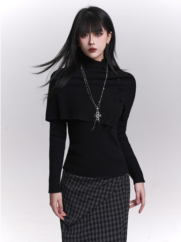 Accents Shawl Set Knit Dark Top Button Gothic Long Gray/Black Sleeves